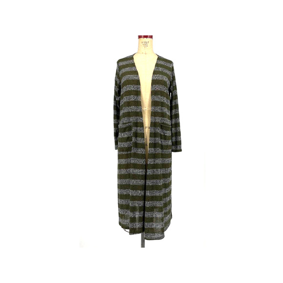 Lularoe Sarah Cardigan Duster Ribbed Sweater Olive Green Stripe M - Picture 5 of 9